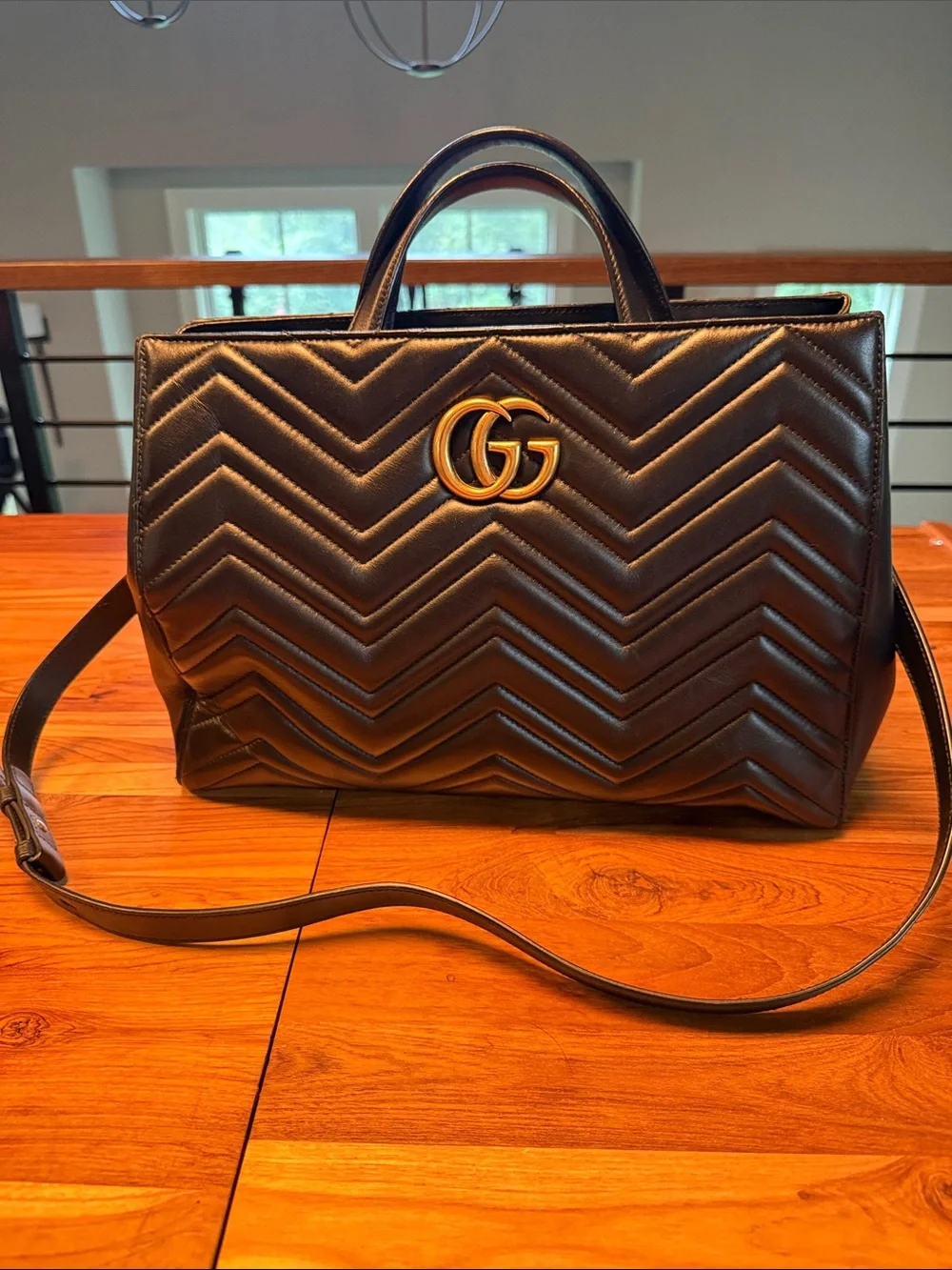 Gucci Black Chevron GG Top-Handle Satchel with Gold Hardware - Authentic